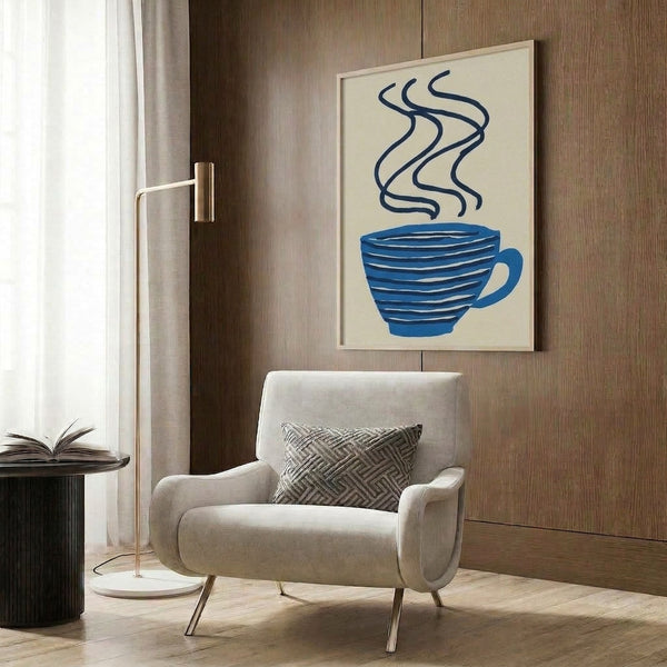 Contemporary minimalist kitchen print showcasing a navy coffee cup releasing light blue steam, evoking a calm and welcoming midcentury modern mood in soft cream and white palettes.