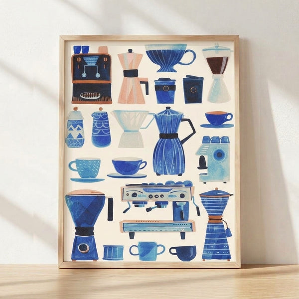 Retro mid-century minimalist chart displaying vintage coffee equipment including espresso machines, moka pots, blenders, and cups in cobalt blue, navy, terracotta, and cream tones, framed on a wall.