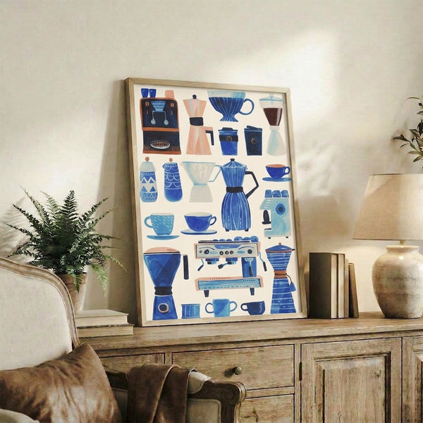 Warm and cozy vintage-style poster featuring organized illustrations of classic coffee bar tools and vessels in a mid-century aesthetic with navy blue, light teal, and terracotta accents.