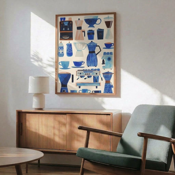 Minimalist retro coffee collection chart showcasing stylized coffee makers, kettles, and brewing equipment in a mid-century design palette of cobalt, cream, and warm terracotta hues.