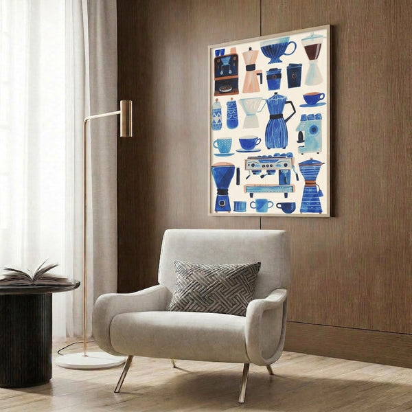 Nostalgic mid-century kitchen art print depicting an organized collection of coffee bar essentials with clean lines and a sophisticated color scheme of navy, teal, and earthy terracotta tones.