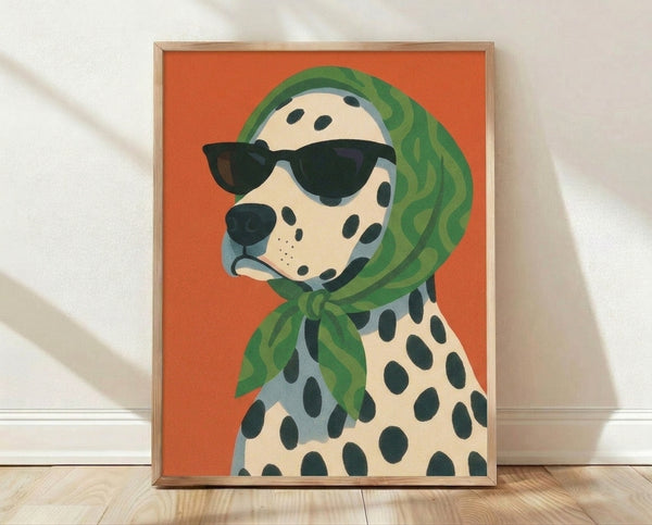 Retro mid-century poster art of a spotted dalmatian wearing forest green headscarf and dark sunglasses against cream and orange background, framed on wall.