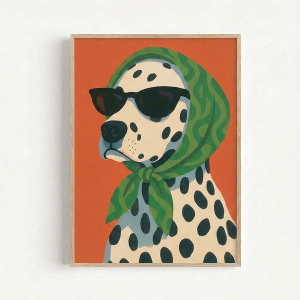 Whimsical dalmatian illustration in sunglasses and green scarf with slate blue and black accents, modern retro style poster displayed as framed wall art.