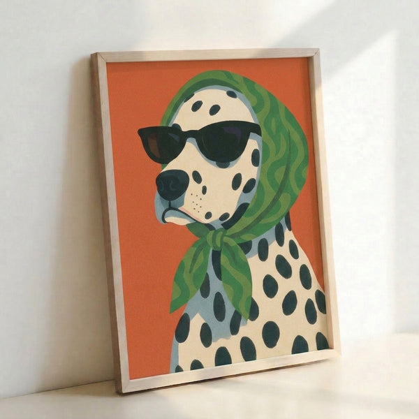 Cool, funky dalmatian portrait wearing emerald headscarf and sunglasses rendered in mid-century modern aesthetic with cream, orange, and slate blue palette.