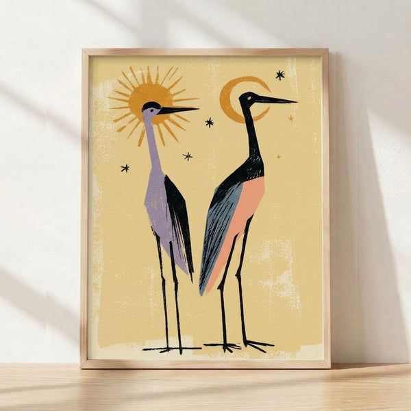 Framed mid-century modern poster featuring two elegant cranes with celestial sun and moon symbols in cream, gold, lavender, and coral tones on a serene, minimalist composition.