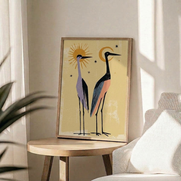 Minimalist crane art print with sun and moon motifs rendered in soft cream, gold, and lavender against a calm, sophisticated background, displayed as wall decor.