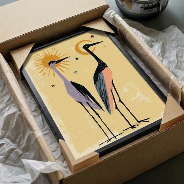Serene framed artwork depicting paired cranes with sun and moon symbols in an elegant minimalist style, featuring a soothing palette of cream, gold, and lavender tones.