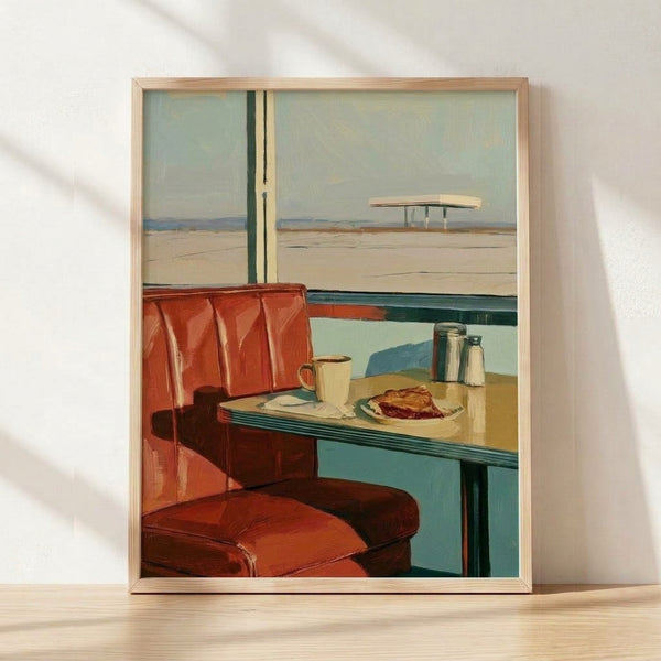 Retro mid-century poster art depicting a diner booth with red vinyl seating, turquoise accents, and a window view of sandy desert landscape; cream and sage green tones create a nostalgic Americana aesthetic.