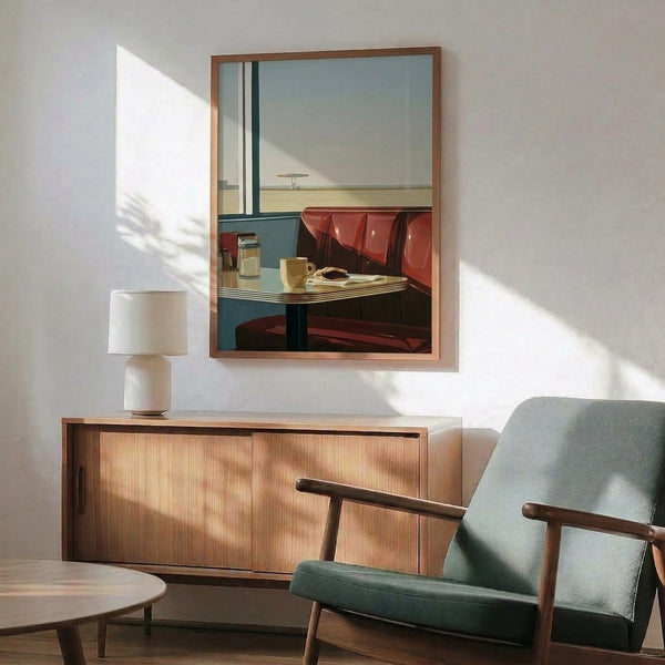 Minimalist retro diner scene artwork showing an empty booth seat and steaming coffee cup overlooking a southwestern landscape at dusk, rendered in nostalgic Americana colors of rust red and steel blue.