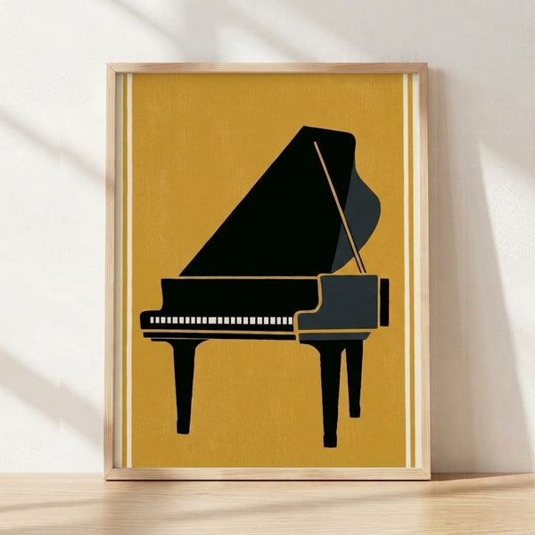 Minimalist mid-century modern poster of a grand piano silhouette in goldenrod and black on cream background, framed on wall.