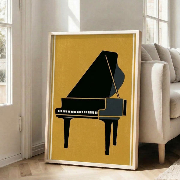 Elegant framed art print featuring a sophisticated piano silhouette in goldenrod tones with charcoal accents, mid-century modern aesthetic.