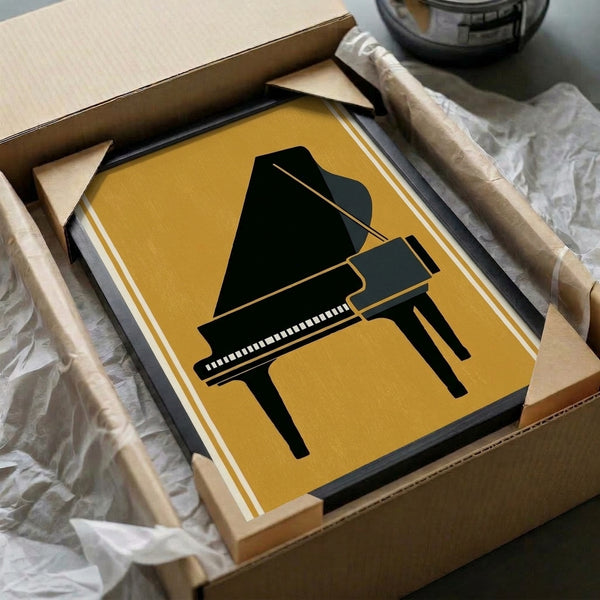 Sophisticated mid-century modern poster with a goldenrod piano silhouette in charcoal and black, minimalist design for elegant interiors.