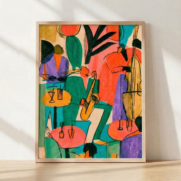 Retro mid-century modern poster featuring a saxophonist in vibrant orange, teal, and purple tones with a playful jazz club aesthetic, accented by potted plants and a cocktail glass on a table.