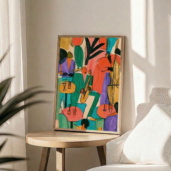 Bohemian café scene art print in warm gold and cool teal hues depicting a musician with saxophone surrounded by cacti and florals, evoking a laid-back jazzy atmosphere.