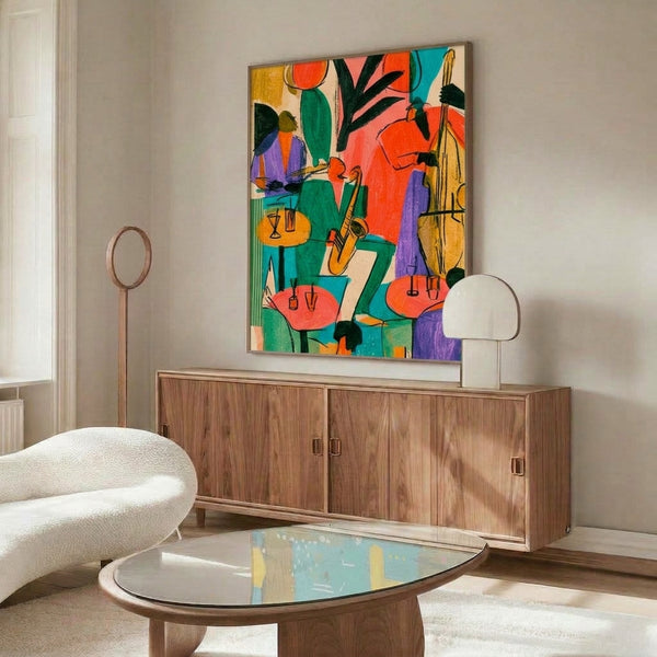 Framed mid-century modern wall art showcasing a saxophonist in a vibrant color palette of orange, purple, and green with botanical elements and retro café details.