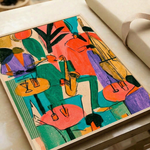 Playful jazz club poster in retro style featuring a saxophonist amid colorful plants and drinks, with a sophisticated blend of teal, orange, and gold tones perfect for contemporary home decor.