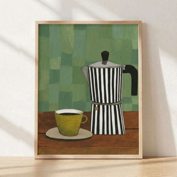 Minimalist mid-century moka pot and coffee cup illustration in sage green, cream, and charcoal on a framed poster displayed on a wall.