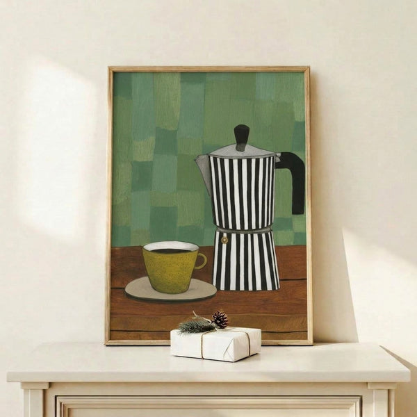 Warm and sophisticated kitchen art print featuring a striped moka pot with coffee cup in muted earth tones and sage green, hung as a framed poster.