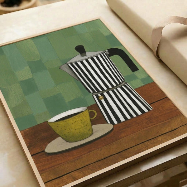 Modern wabi-sabi style artwork of a moka pot brewing scene in ochre, warm brown, and sage green tones, presented as a framed wall print.