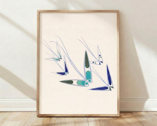 Minimalist midcentury sailboat regatta poster in cream, navy, and teal, capturing a serene nautical scene with geometric simplicity.