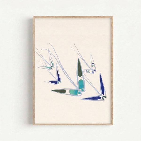 Framed midcentury modern sailboat art print featuring calm waters and vessels in sage green and periwinkle tones with clean, breezy lines.