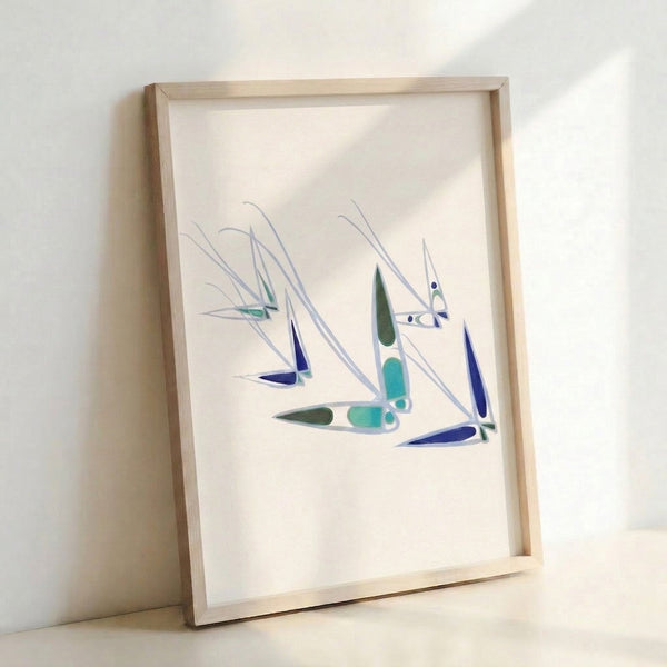 Sailboat regatta wall art in minimalist style, rendered in soft cream and navy blue with a peaceful, windswept maritime mood.