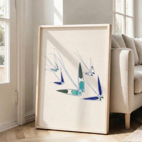 Midcentury nautical poster with stylized sailboats on teal and periwinkle waters, embodying serene minimalist design principles.