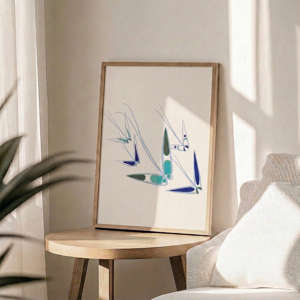 Minimalist framed artwork showcasing a breezy sailboat scene with geometric forms in soft periwinkle and cream against calm waters.