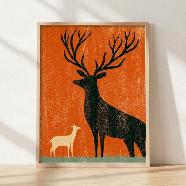 Minimalist silhouette of a stag and fawn standing in grass, rendered in burnt orange and charcoal against cream, framed mid-century modern poster with sage green accents.