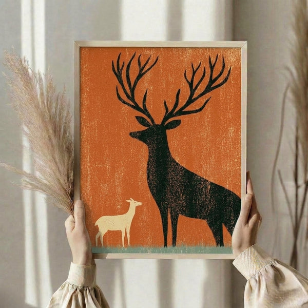 Contemplative deer wall art showing an adult stag and small fawn among grass, mid-century minimalist style with charcoal, burnt orange, and sage green palette.