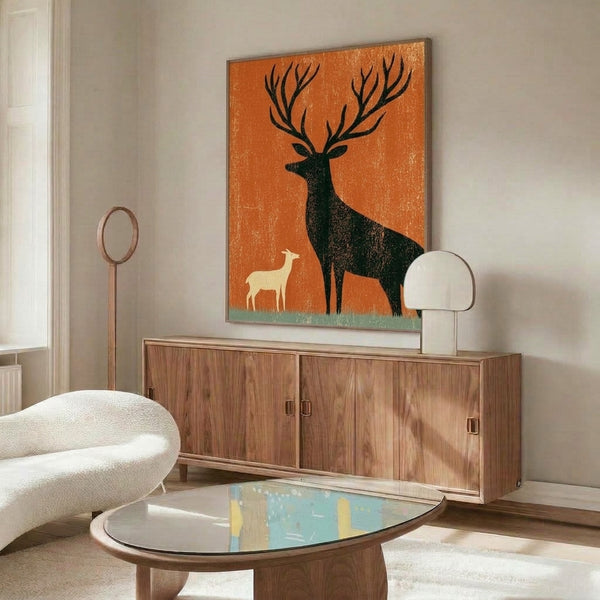 Wabi sabi inspired poster of a graceful stag and fawn silhouette in burnt orange and black, calm woodland aesthetic with cream backdrop, modern framed print.