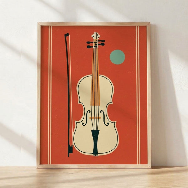 Framed minimalist mid-century poster featuring a coral red violin with gold accents and teal details on a cream background, evoking sophisticated artistic elegance.