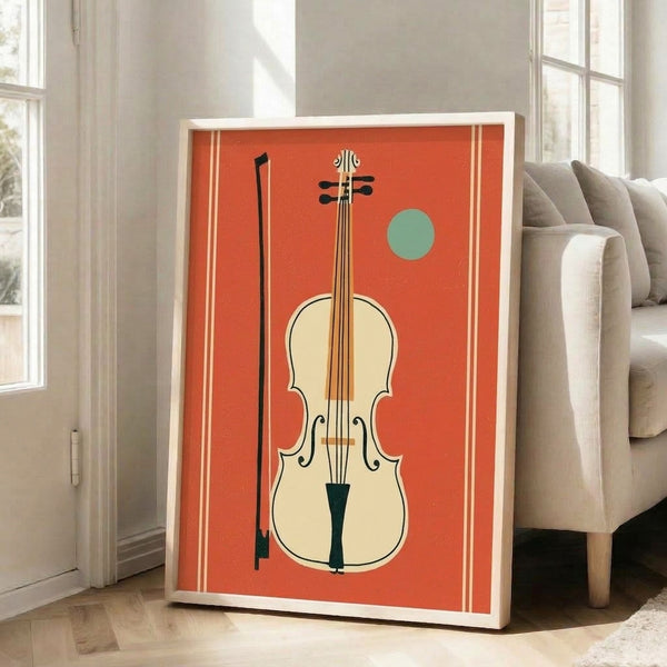 Coral and teal violin illustration in mid-century modern style, displayed as a framed art print with understated gold and black linework on neutral backdrop.