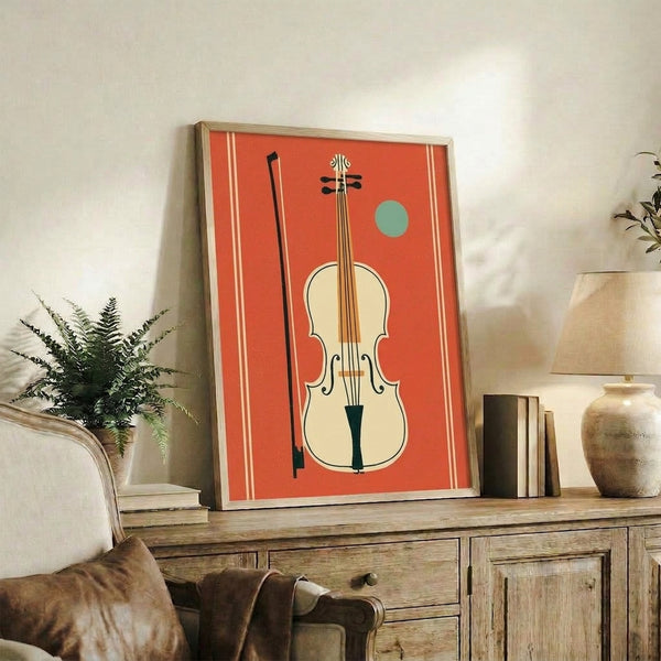Minimalist musical instrument poster showing a stylized coral violin in mid-century aesthetic, matted and framed with teal, gold, and cream tones.