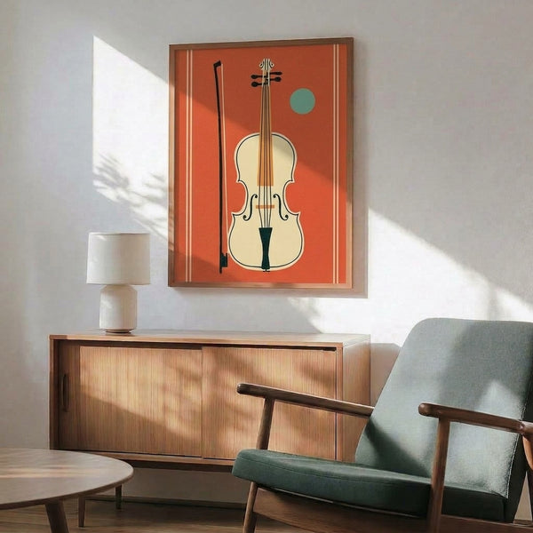 Mid-century modern wall art depicting a coral red violin with geometric teal and gold elements in minimalist design, presented as a framed gallery-style print.