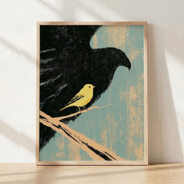 Minimalist mid-century modern art print featuring a yellow warbler perched on a black raven wing with teal foliage, framed on a wall in serene beige and cream tones.