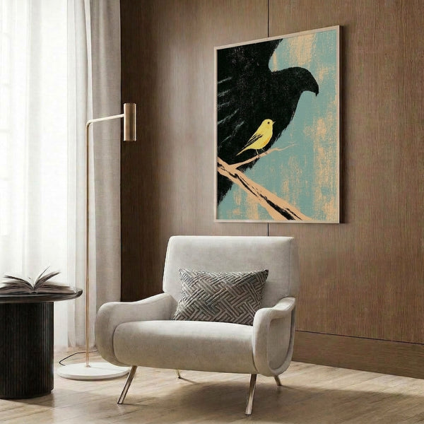 Mid-century modern framed art featuring a solitary yellow warbler on an elegant black raven wing silhouette with stylized teal foliage in soft beige tones.