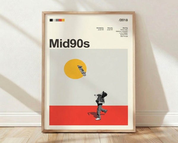 Bold Bauhaus-style minimalist poster featuring geometric shapes in cream, yellow, red, and black, depicting a skateboarding figure with a sun motif in youthful modern design.