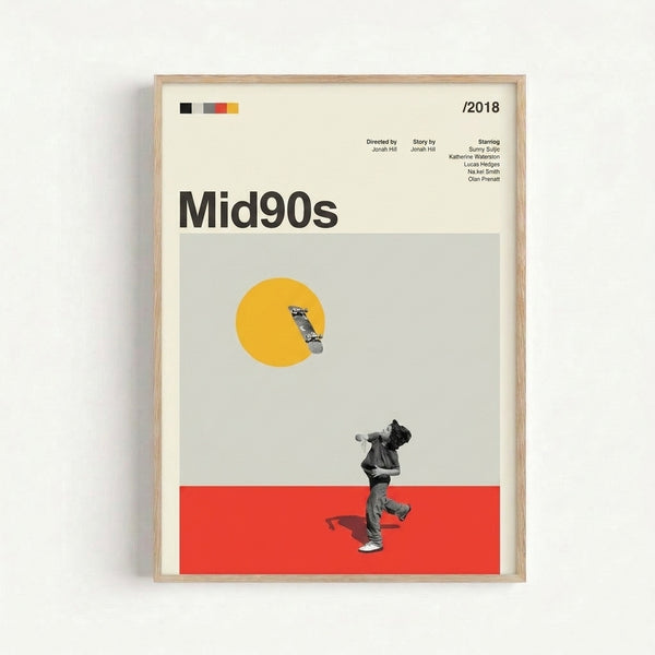 Framed minimalist art print with stark geometric composition in cream and red tones, capturing the energy of skateboard culture in Bauhaus-inspired retro style.
