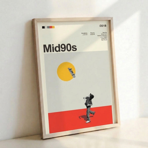 Modern minimalist poster art in cream, yellow, and black showing an abstract skateboarding scene with solar elements, rendered in bold geometric Bauhaus aesthetic.