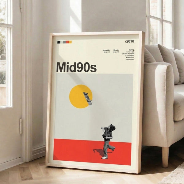 Geometric Bauhaus-influenced wall art featuring a stylized figure, skateboard, and sun in cream, red, and gray—youthful minimalist design with contemporary appeal.