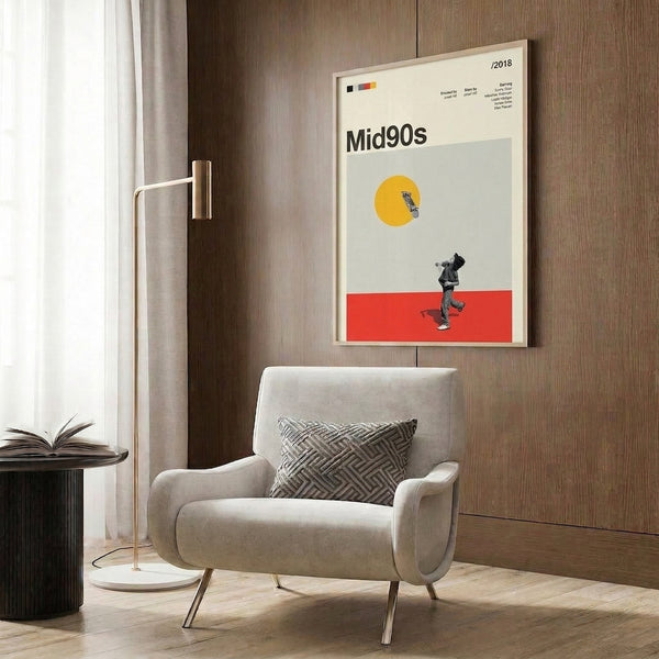 Minimalist skateboard-themed poster in cream, yellow, and red geometric shapes with Bauhaus-style composition, creating a bold and modern visual statement.