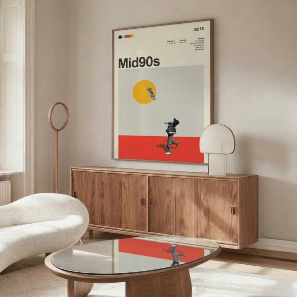 Framed retro minimalist art print blending geometric forms of a skateboarder and sun against cream and black backgrounds in striking Bauhaus design.