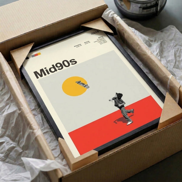 Mid-century modern minimalist poster showcasing geometric skateboard and solar imagery in cream, red, yellow, and gray—bold Bauhaus-style composition for contemporary spaces.