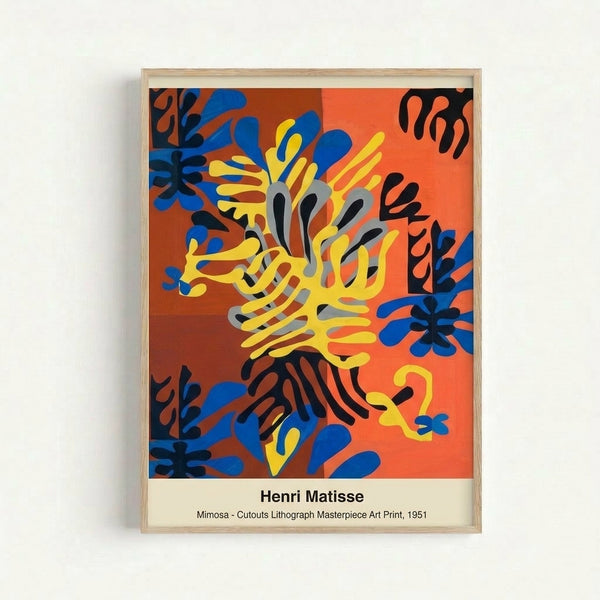 Modern art print featuring a joyful composition of mimosa blossoms rendered in bold, colorful paper cutout forms with warm oranges, yellows, and reds accented by deep blues, displayed as a framed wall poster.