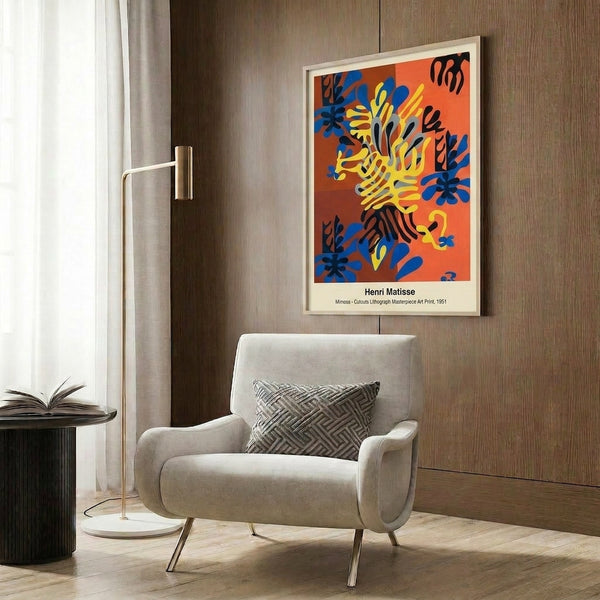 Modern wall art poster capturing the warmth and vitality of mimosa flowers through abstract paper cutout shapes in vivid reds, oranges, yellows, and blues with striking black surrounds.