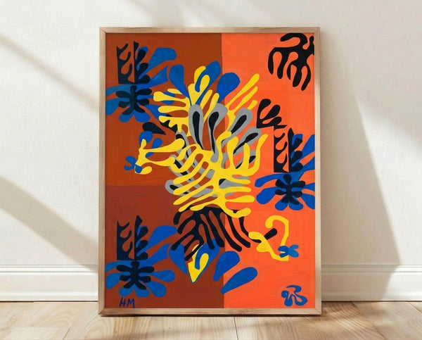 Matisse Mimosa cutouts lithograph art print featuring bold organic shapes in vibrant yellows, greens, and blues arranged on a neutral background.