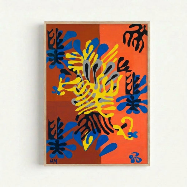 Abstract floral composition with flowing curved forms in bright jewel tones, capturing the essence of mimosa flowers through modernist paper cutout technique.