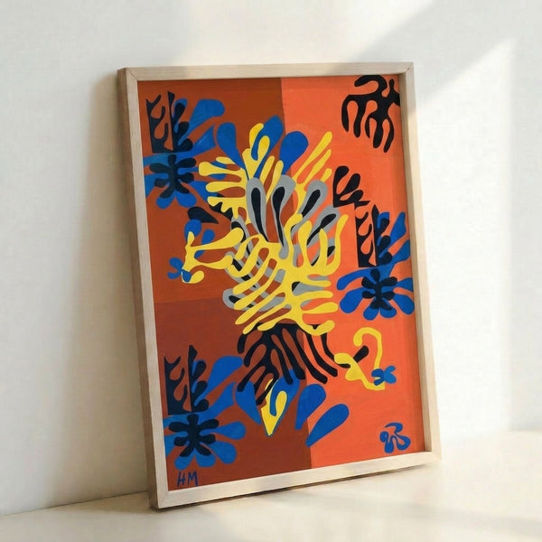 Framed Matisse-style poster displaying playful botanical cutout shapes in warm and cool colors, creating a joyful, dynamic abstract composition.