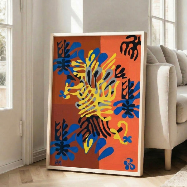 Vibrant abstract art print with organic overlapping forms in vivid hues of yellow, green, and blue, inspired by the mimosa flower.